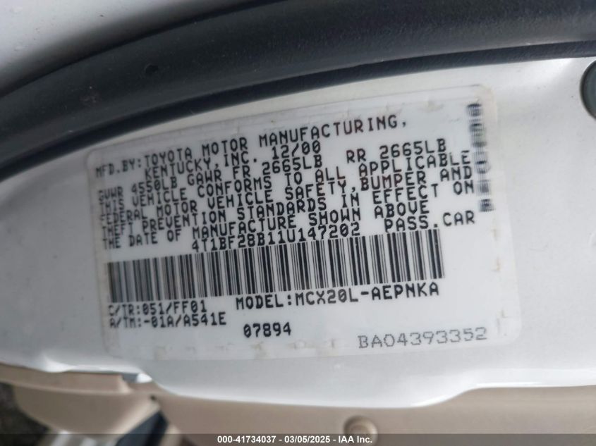 2001 Toyota Avalon Xl VIN: 4T1BF28B11U147202 Lot: 41734037