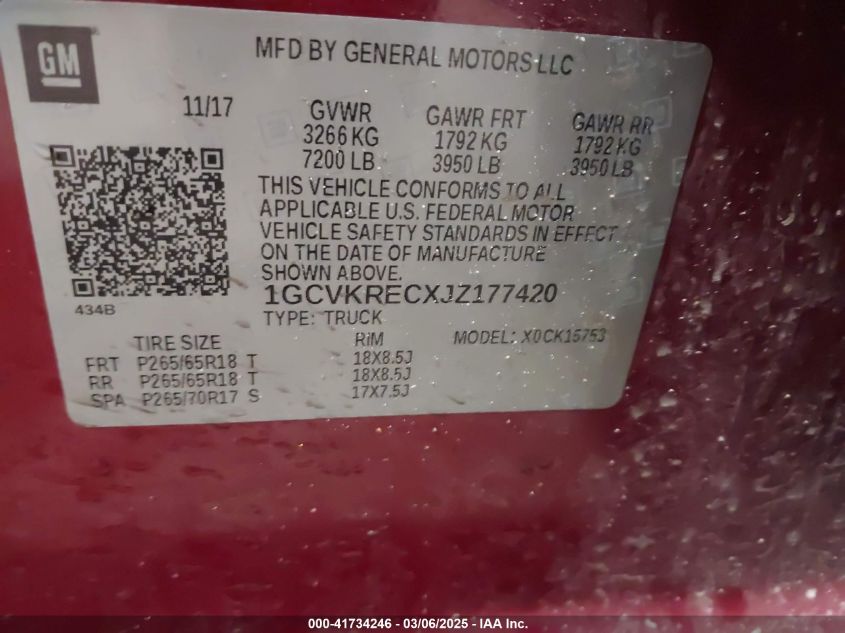 2018 Chevrolet Silverado 1500 2Lt VIN: 1GCVKRECXJZ177420 Lot: 41734246