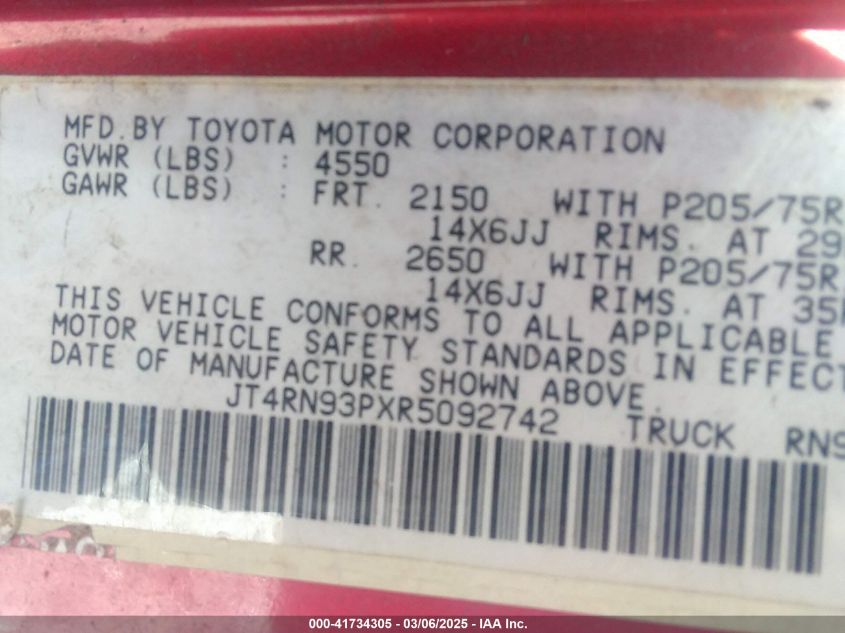 1994 Toyota Pickup 1/2 Ton Ex Lng Whlbase/Dx VIN: JT4RN93PXR5092742 Lot: 41734305