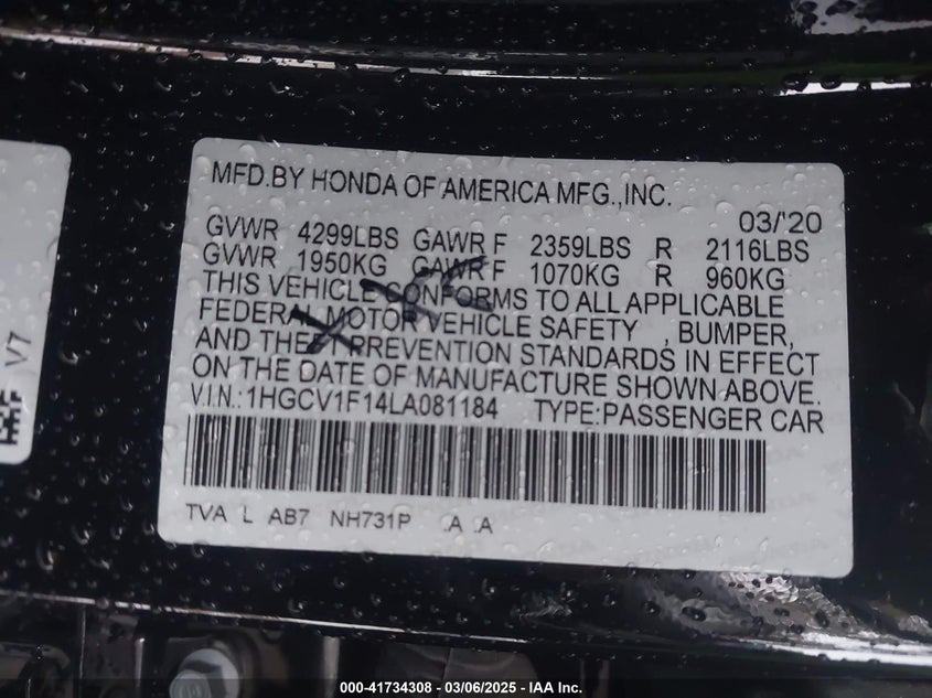 2020 HONDA ACCORD VIN: 1HGCV1F14LA081184