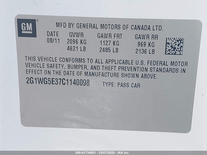 2012 CHEVROLET IMPALA VIN: 2G1WG5E37C1140098