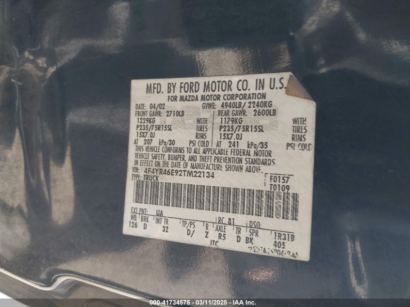 2002 Mazda B4000 Ds VIN: 4F4YR46E92TM22134 Lot: 41734575