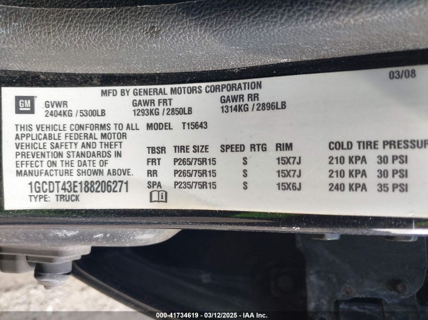 2008 Chevrolet Colorado Lt VIN: 1GCDT43E188206271 Lot: 41734619