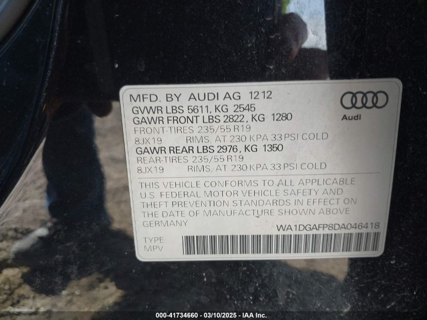 2013 Audi Q5 3.0T Premium Plus VIN: WA1DGAFP8DA046418 Lot: 41734660