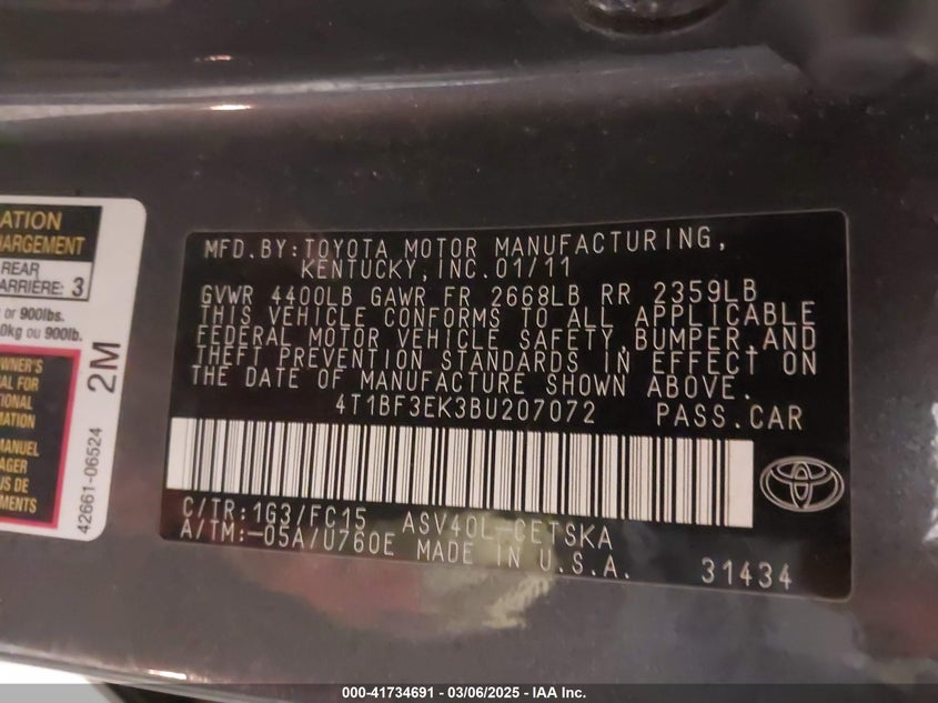2011 TOYOTA CAMRY VIN: 4T1BF3EK3BU207072