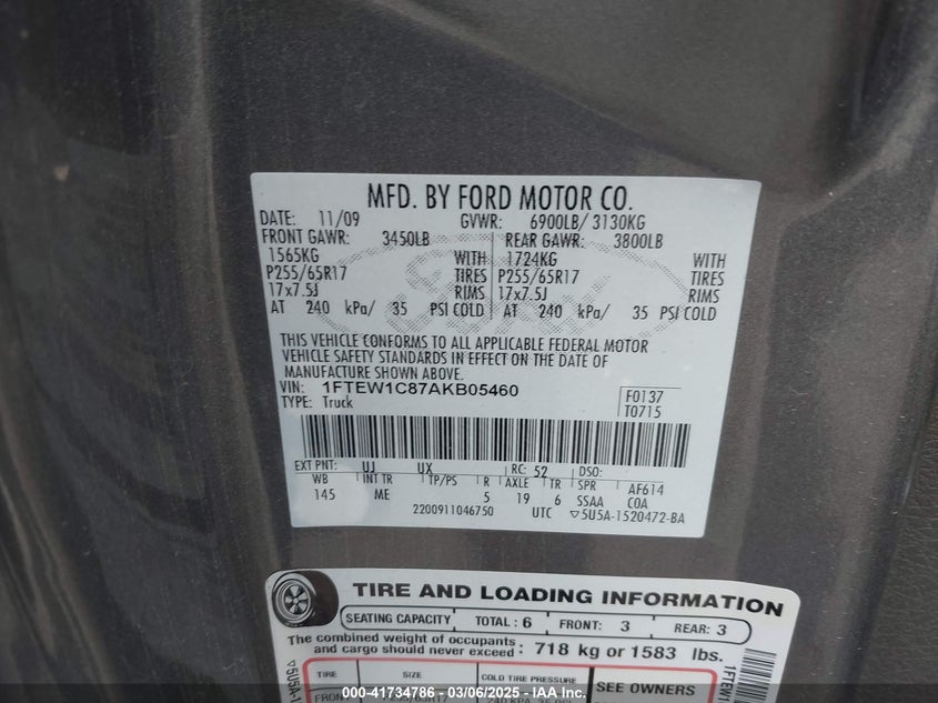 2010 FORD F150 VIN: 1FTEW1C87AKB05460