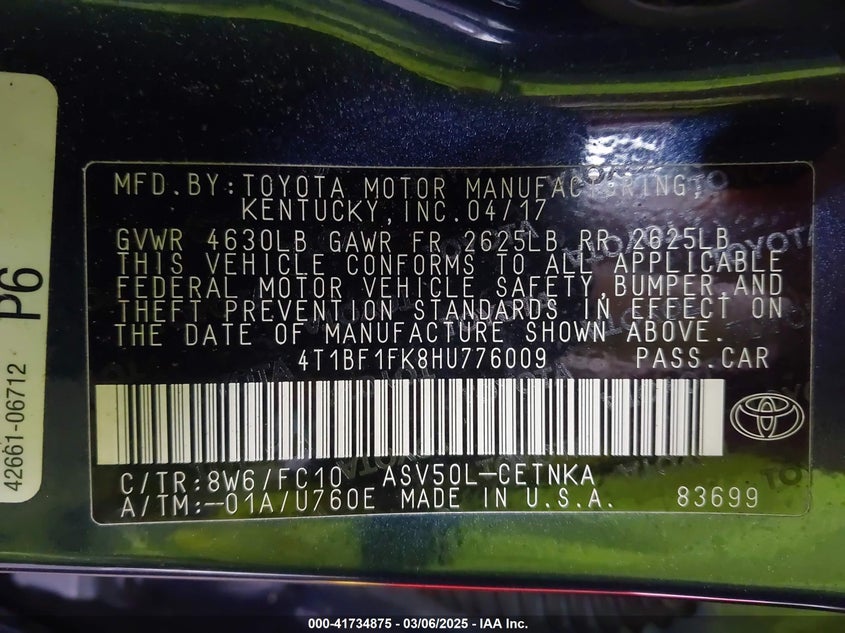 2017 TOYOTA CAMRY VIN: 4T1BF1FK8HU776009
