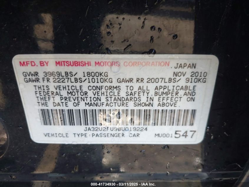 2011 Mitsubishi Lancer Es VIN: JA32U2FU9BU019224 Lot: 41734930