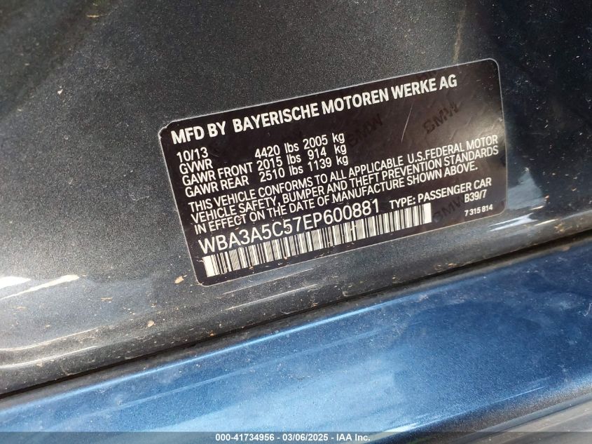 2014 BMW 328I VIN: WBA3A5C57EP600881 Lot: 41734956