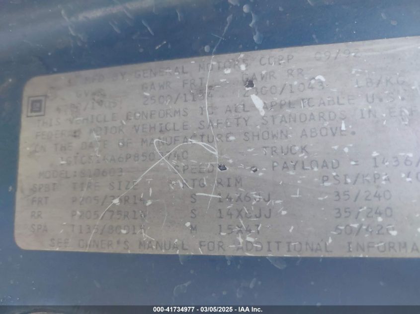 1993 GMC Sonoma VIN: 1GTCS14A6P8503740 Lot: 41734977