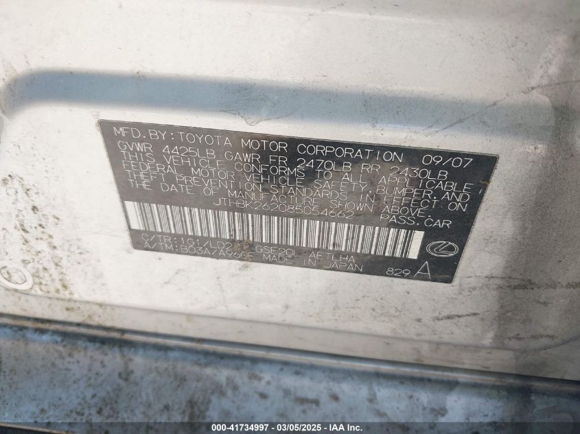 2008 Lexus Is 250 VIN: JTHBK262085054662 Lot: 41734997