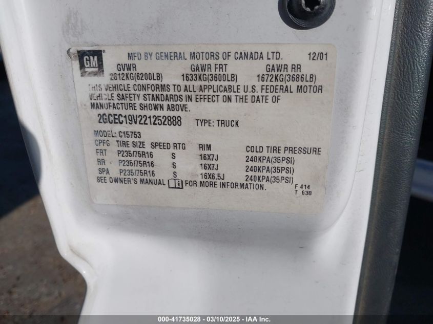 2002 Chevrolet Silverado 1500 Ls VIN: 2GCEC19V221252888 Lot: 41735028