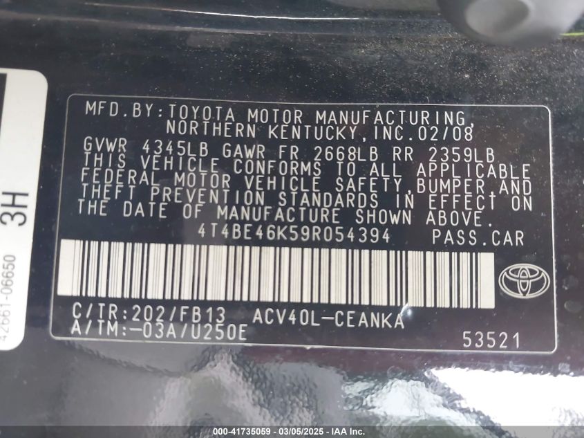 2009 Toyota Camry Le VIN: 4T4BE46K59R054394 Lot: 41735059