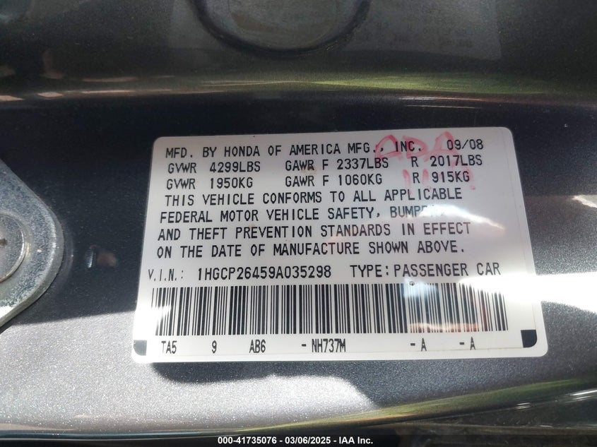 2009 HONDA ACCORD VIN: 1HGCP26459A035298