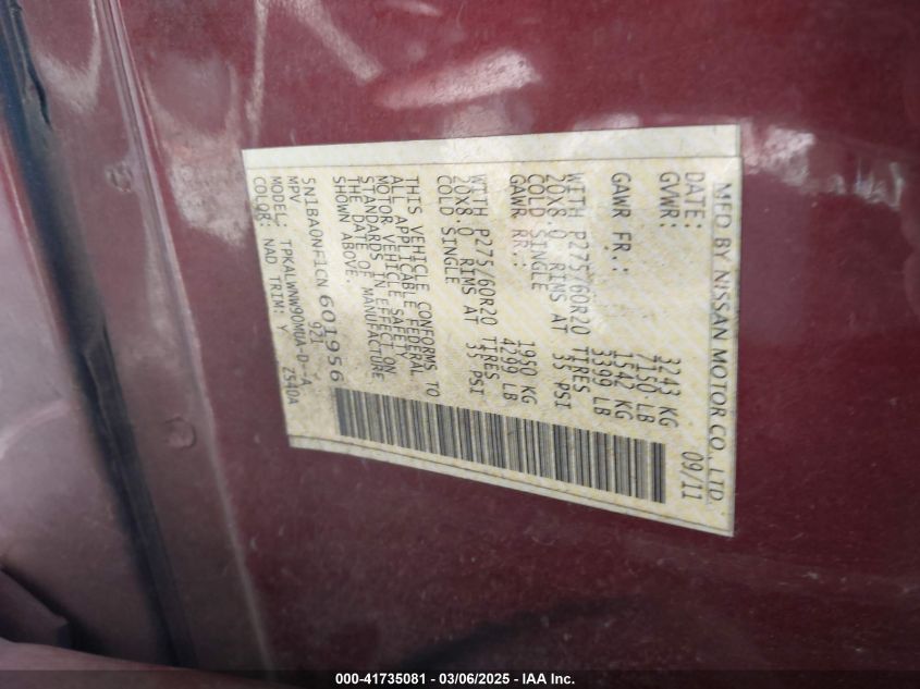 2012 Nissan Armada Platinum VIN: 5N1BA0NF1CN601956 Lot: 41735081