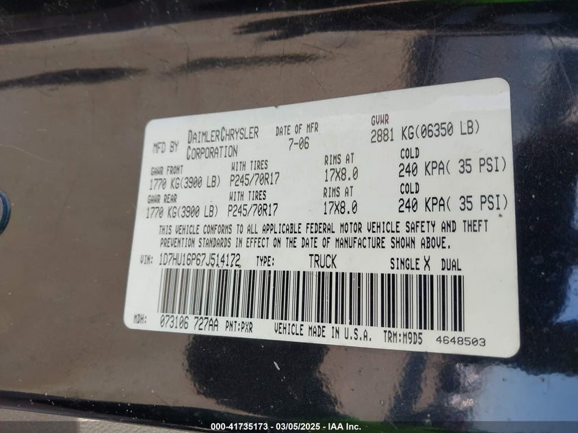 2007 DODGE RAM 1500 VIN: 1D7HU16P67J514172