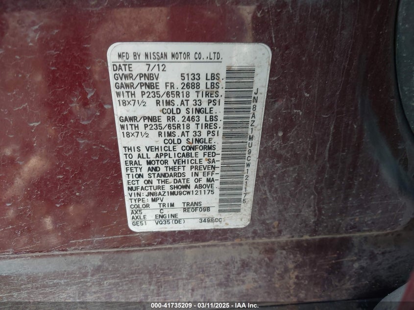 2012 NISSAN MURANO VIN: JN8AZ1MU9CW121175