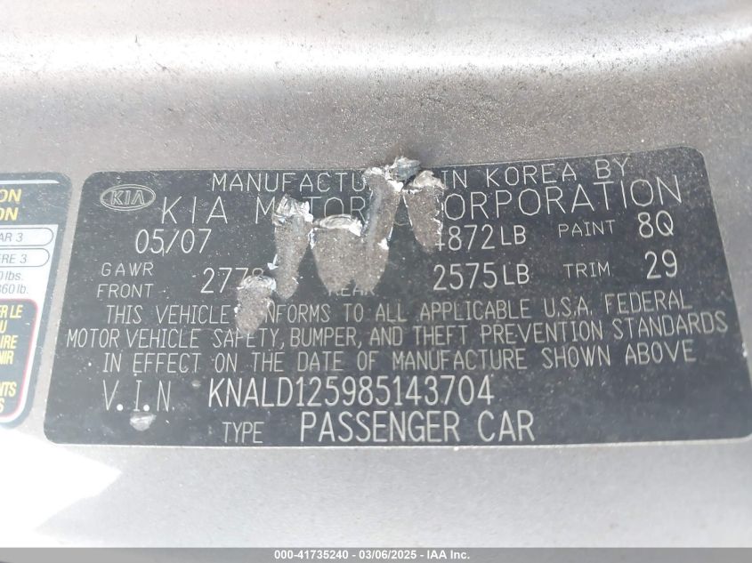 2008 Kia Amanti VIN: KNALD125985143704 Lot: 41735240