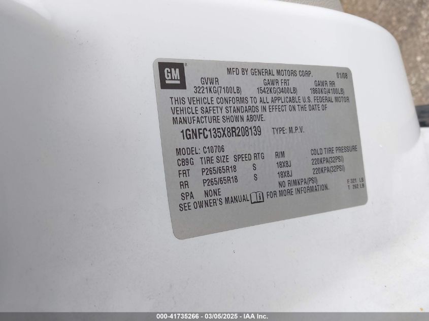 2008 Chevrolet Tahoe Hybrid VIN: 1GNFC135X8R208139 Lot: 41735266