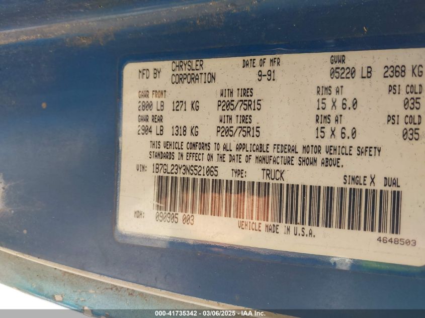 1992 Dodge Dakota VIN: 1B7GL23Y3NS521065 Lot: 41735342