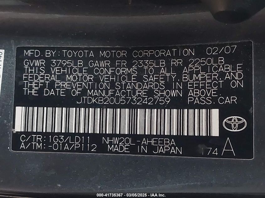 2007 Toyota Prius Touring VIN: JTDKB20U573242759 Lot: 41735367