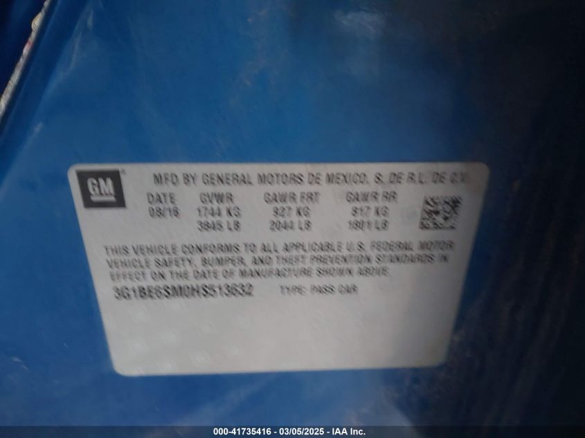 2017 Chevrolet Cruze Lt Auto VIN: 3G1BE6SM0HS51363 Lot: 41735416