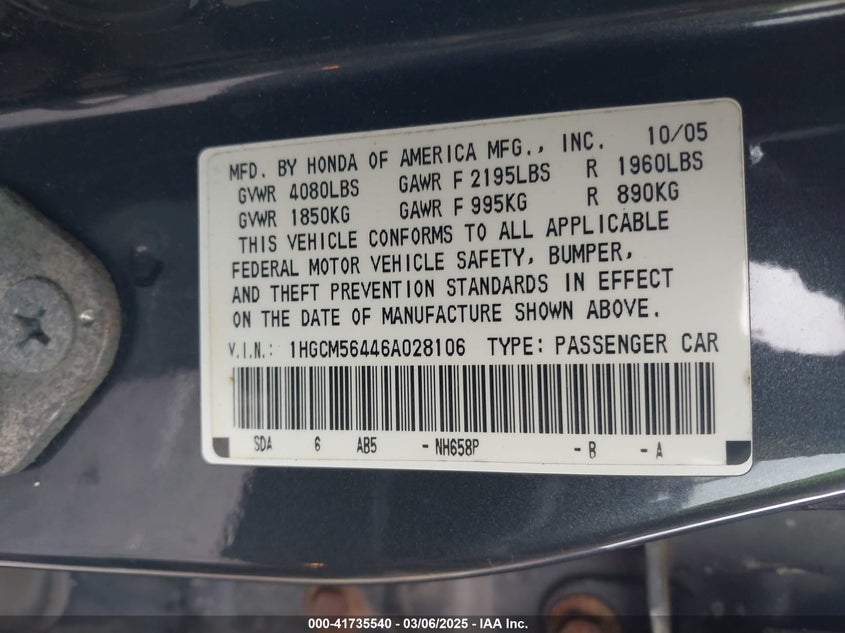 2006 HONDA ACCORD VIN: 1HGCM56446A028106
