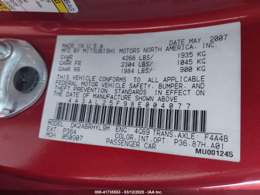 2008 Mitsubishi Eclipse Spyder Gs VIN: 4A3AL25F98E004077 Lot: 41735553