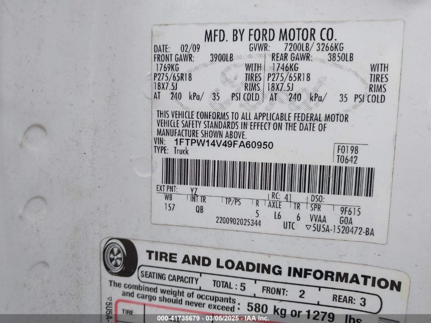 2009 Ford F-150 Fx4/King Ranch/Lariat/Platinum/Xl/Xlt VIN: 1FTPW14V49FA60950 Lot: 41735679