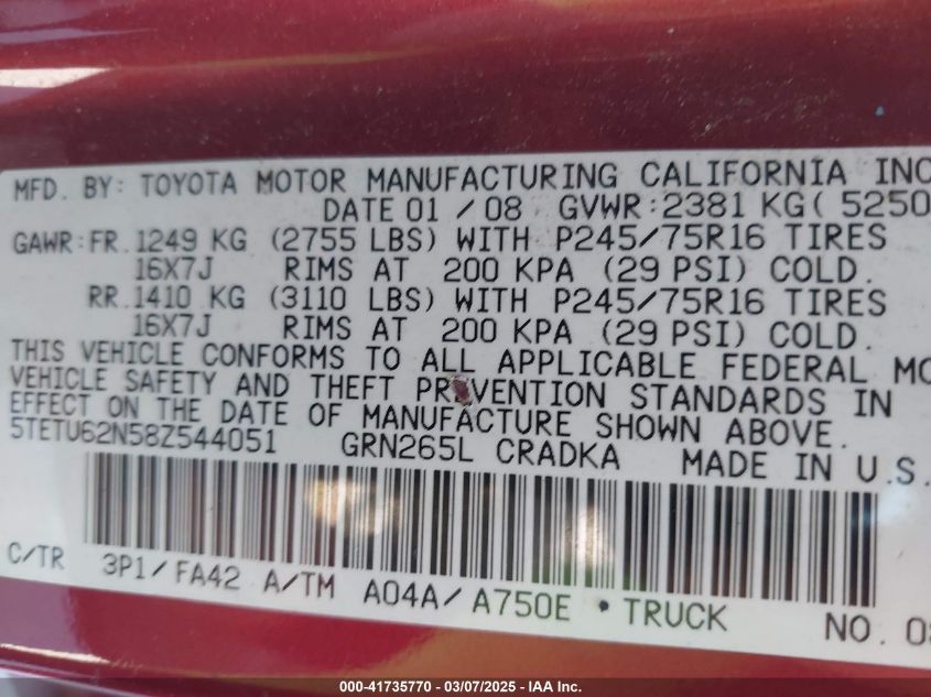 2008 Toyota Tacoma Prerunner V6 VIN: 5TETU62N58Z544051 Lot: 41735770