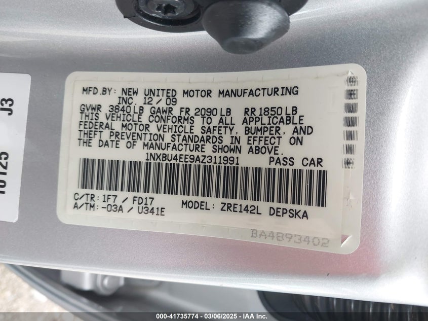 2010 TOYOTA COROLLA VIN: 1NXBU4EE9AZ311991