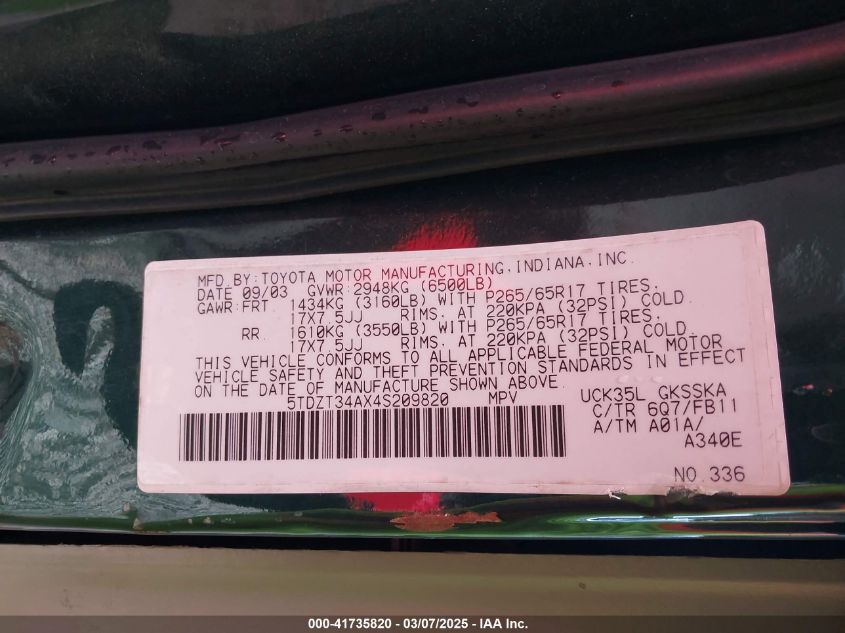 2004 Toyota Sequoia Sr5 V8 VIN: 5TDZT34AX4S209820 Lot: 41735820