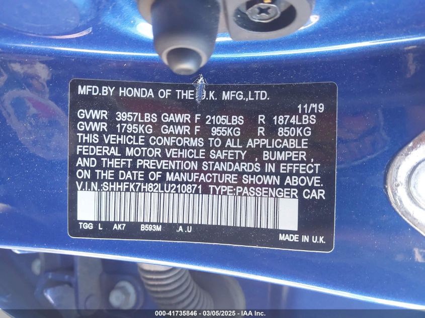 2020 Honda Civic Ex-L VIN: SHHFK7H82LU210871 Lot: 41735846