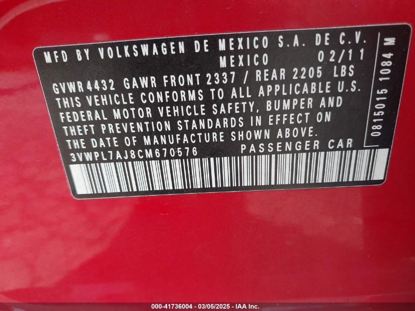 2012 Volkswagen Jetta Sportwagen 2.0L Tdi VIN: 3VWPL7AJ8CM670576 Lot: 41736004