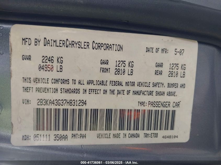 2007 Dodge Charger VIN: 2B3KA43G37H831294 Lot: 41736061