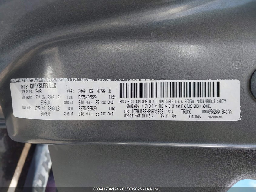 2008 Dodge Ram 1500 Slt VIN: 1D7HU182X8S631928 Lot: 41736124
