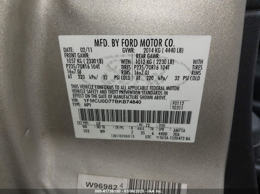 2011 Ford Escape Xlt VIN: 1FMCU0D77BKB74840 Lot: 41736150