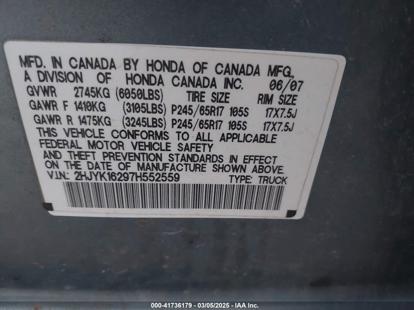 2007 HONDA RIDGELINE VIN: 2HJYK16297H552559