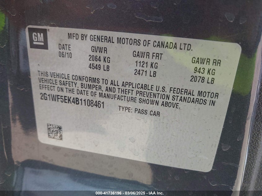 2011 CHEVROLET IMPALA VIN: 2G1WF5EK4B1108461