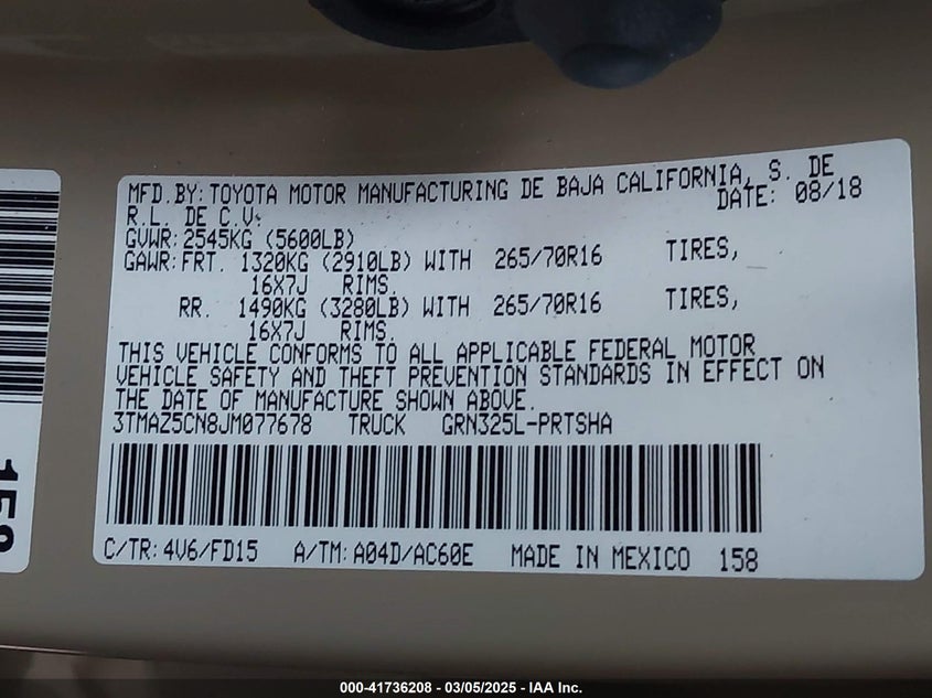 2018 TOYOTA TACOMA VIN: 3TMAZ5CN8JM077678