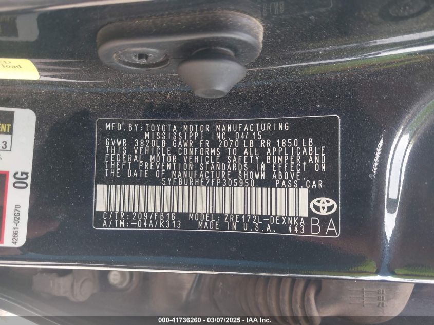 2015 Toyota Corolla Le VIN: 5YFBURHE7FP305950 Lot: 41736260