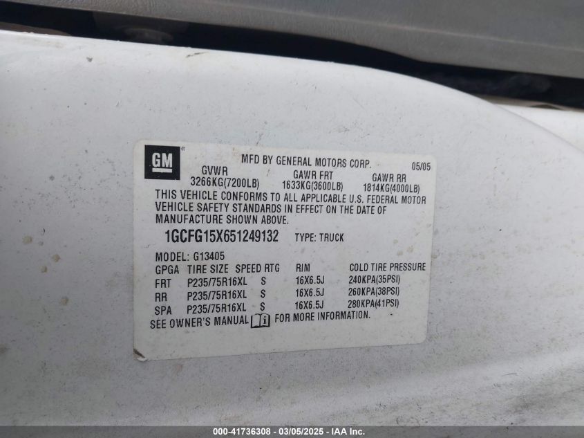 2005 Chevrolet Express VIN: 1GCFG15X651249132 Lot: 41736308