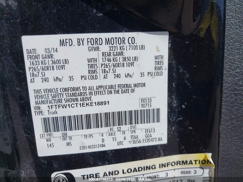 2014 FORD F-150 VIN: 1FTFW1CT1EKE18891