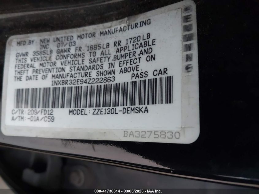 2004 Toyota Corolla S VIN: 1NXBR32E94Z222863 Lot: 41736314