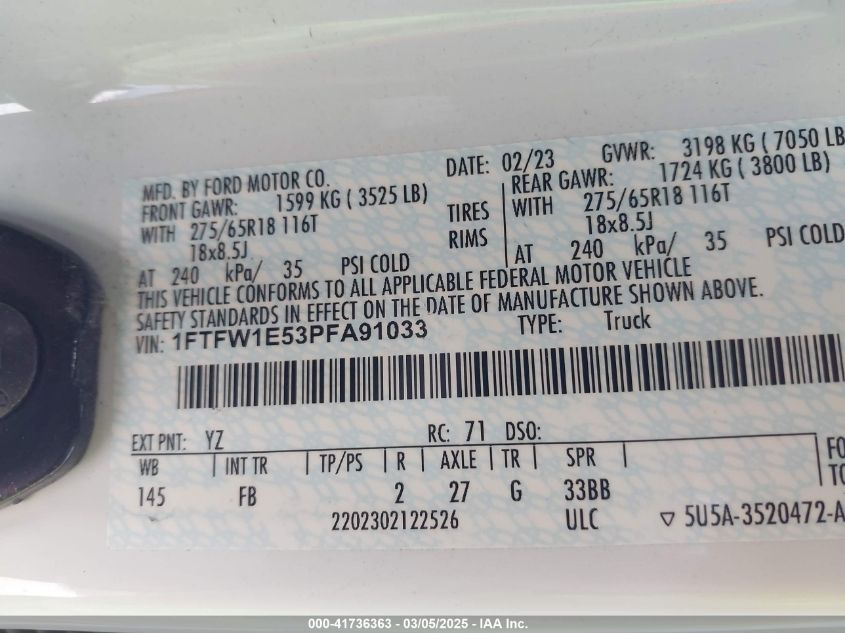 2023 Ford F-150 Xlt VIN: 1FTFW1E53PFA91033 Lot: 41736363