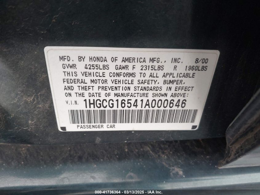 2001 Honda Accord 3.0 Ex VIN: 1HGCG16541A000646 Lot: 41736364