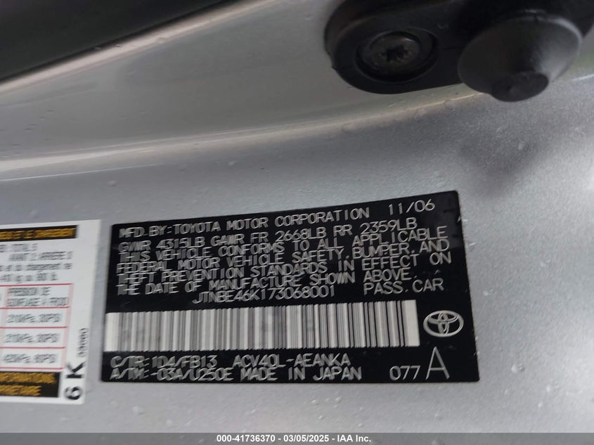 2007 TOYOTA CAMRY VIN: JTNBE46K173068001