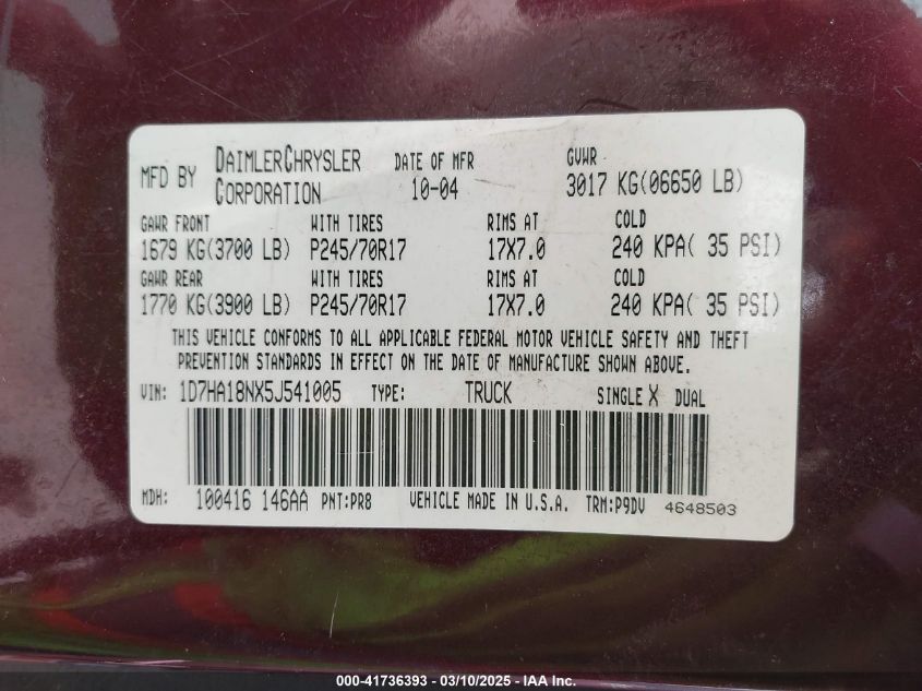 2005 Dodge Ram 1500 St VIN: 1D7HA18NX5J541005 Lot: 41736393