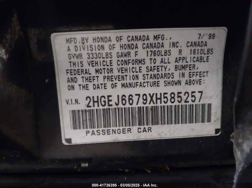 1999 Honda Civic Lx VIN: 2HGEJ6679XH585257 Lot: 41736395