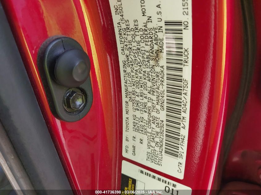 2006 Toyota Tacoma Base V6 VIN: 5TELU42N06Z182924 Lot: 41736398